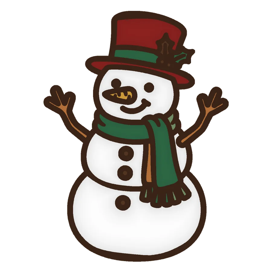 a snowman in a scarf and top hat, colored