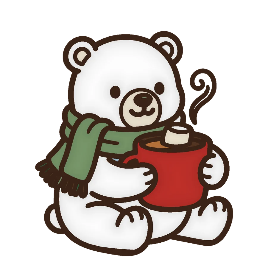 a polar bear cub with a cup of cocoa, colored