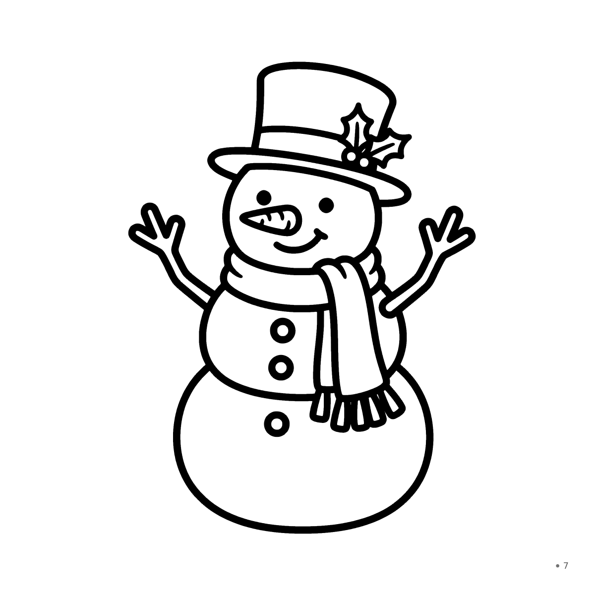 Coloring page: a snowman in a scarf and top hat