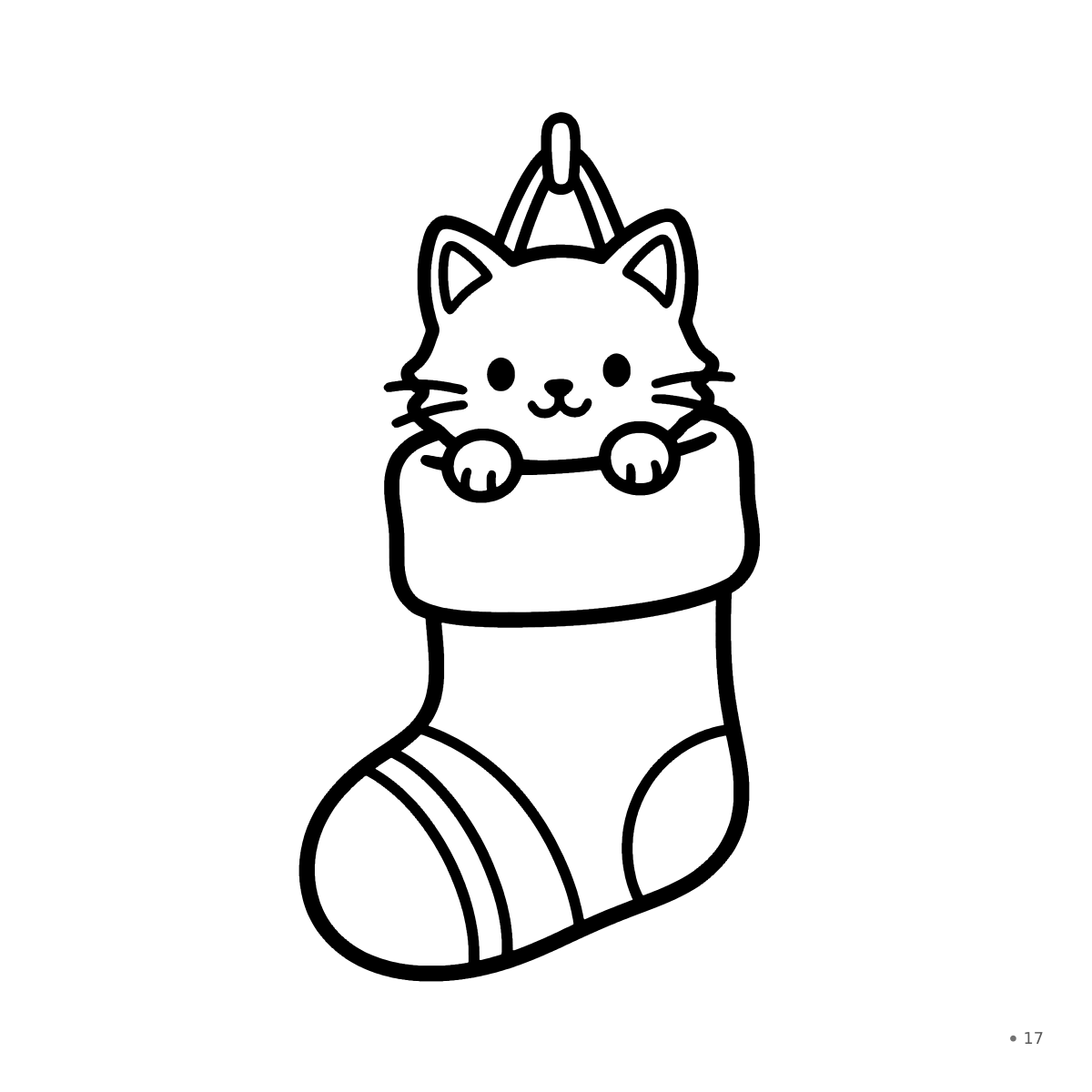 Coloring page: a kitten peeking out of a stocking