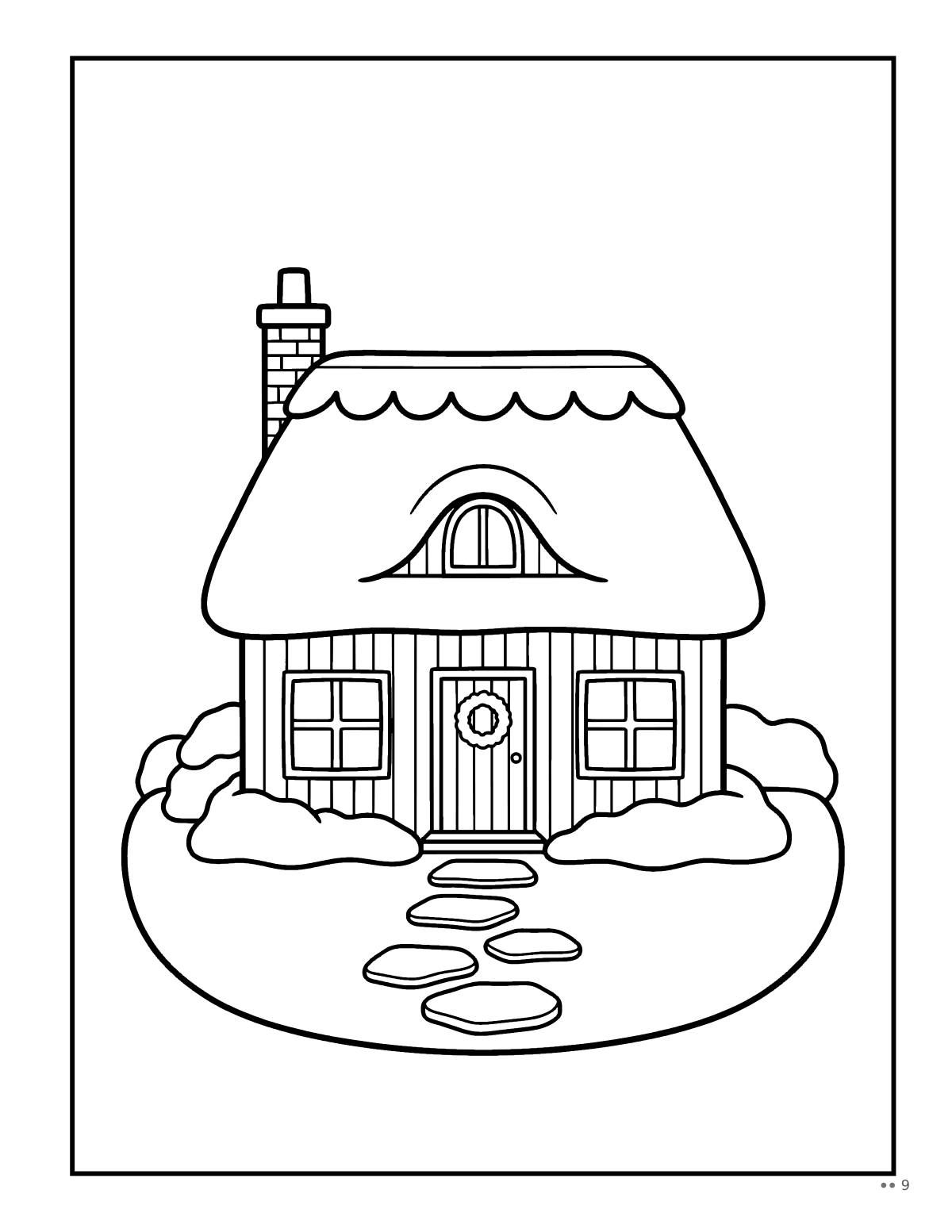 Coloring page: a thatched cottage with a scalloped ridge
