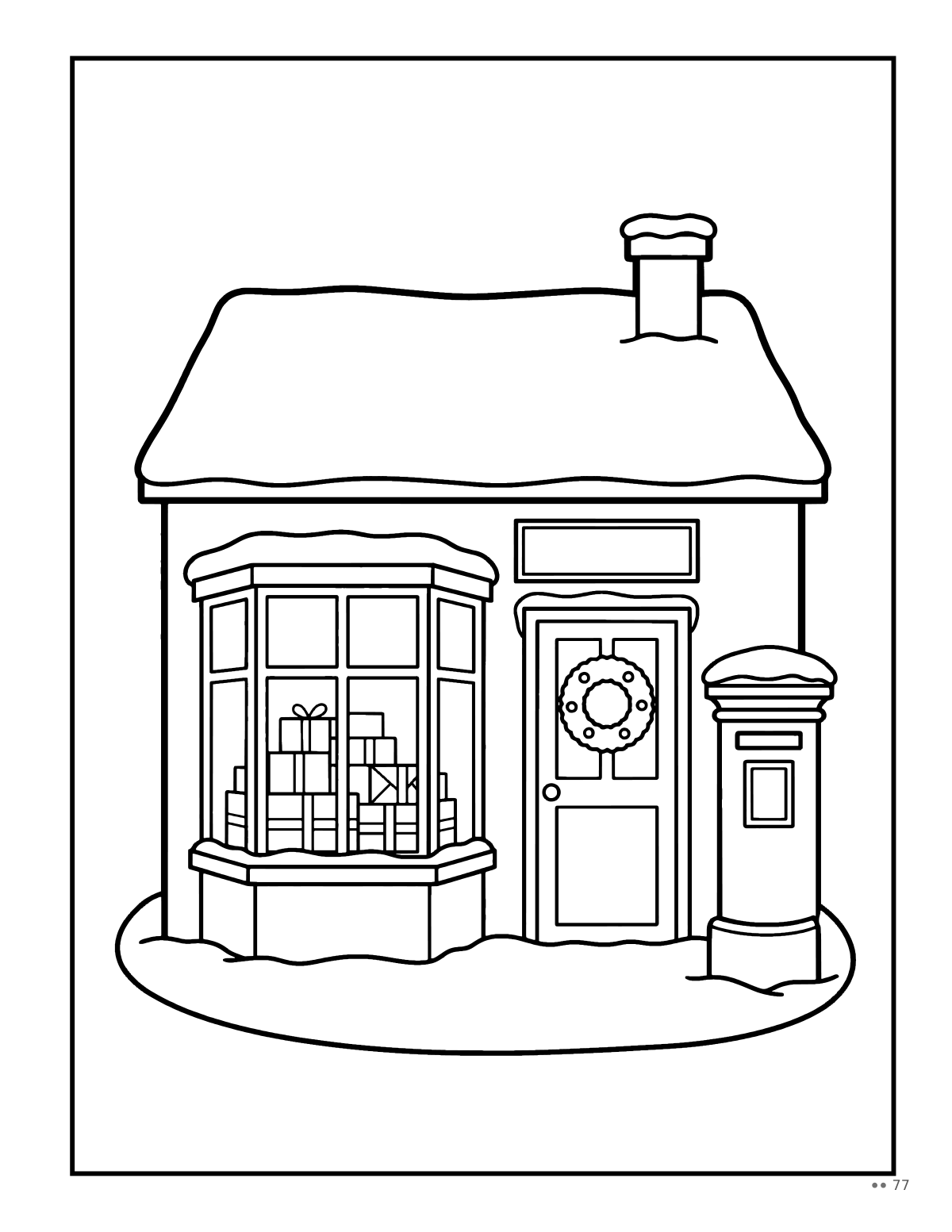 Coloring page: a post office in the snow, from Large Print Christmas Village