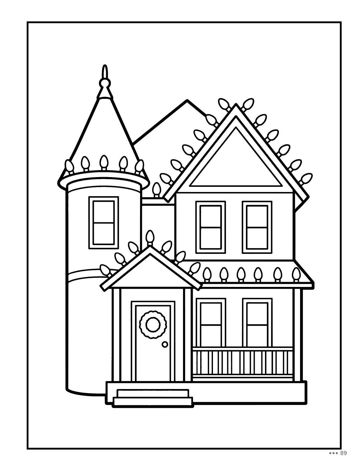 Coloring page: a turreted Victorian home trimmed with lights