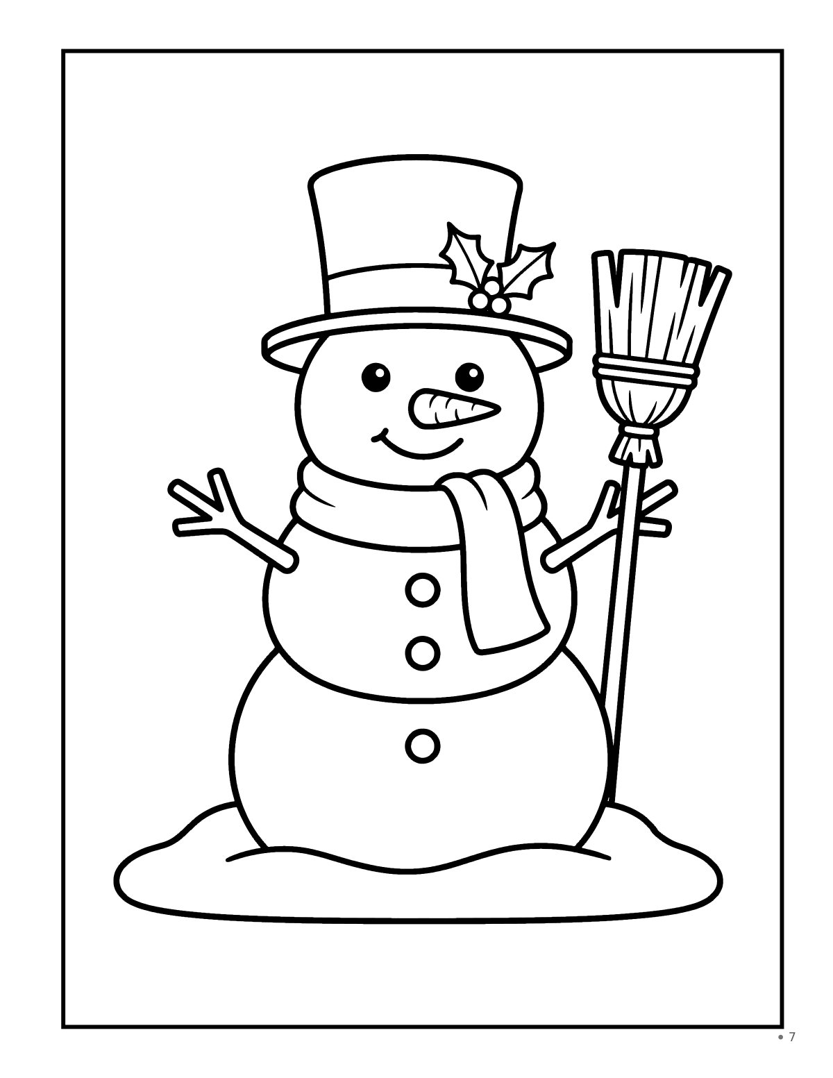 Coloring page: a snowman holding a broom