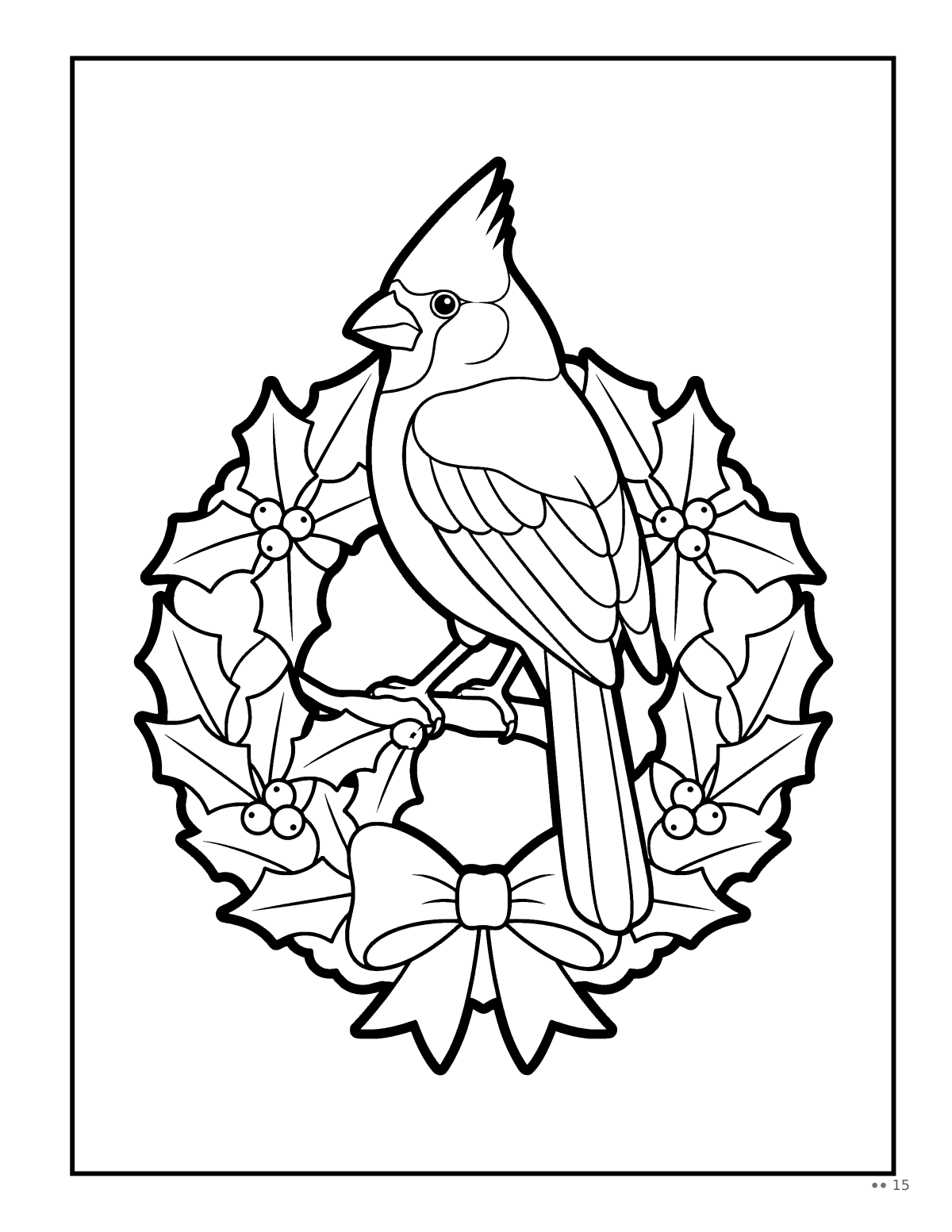 Coloring page: a cardinal on a wreath, from Large Print Christmas