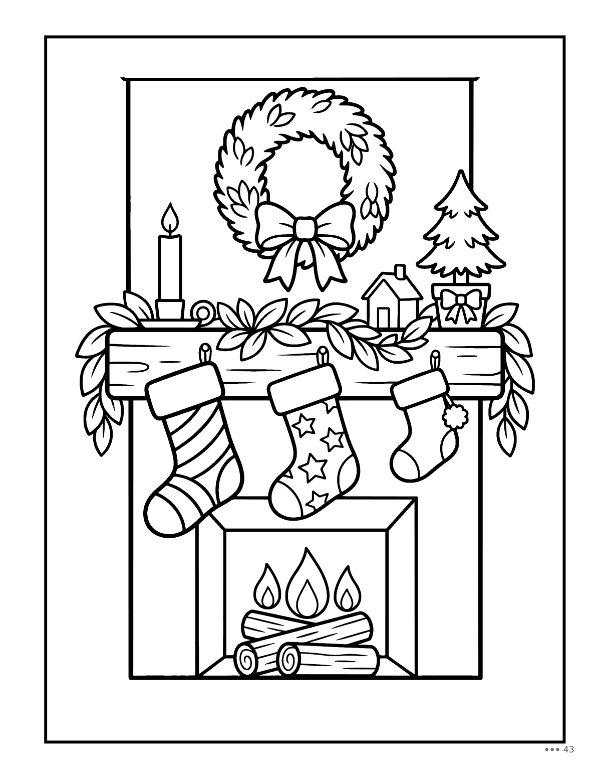 Coloring page: three stockings hung from a mantel