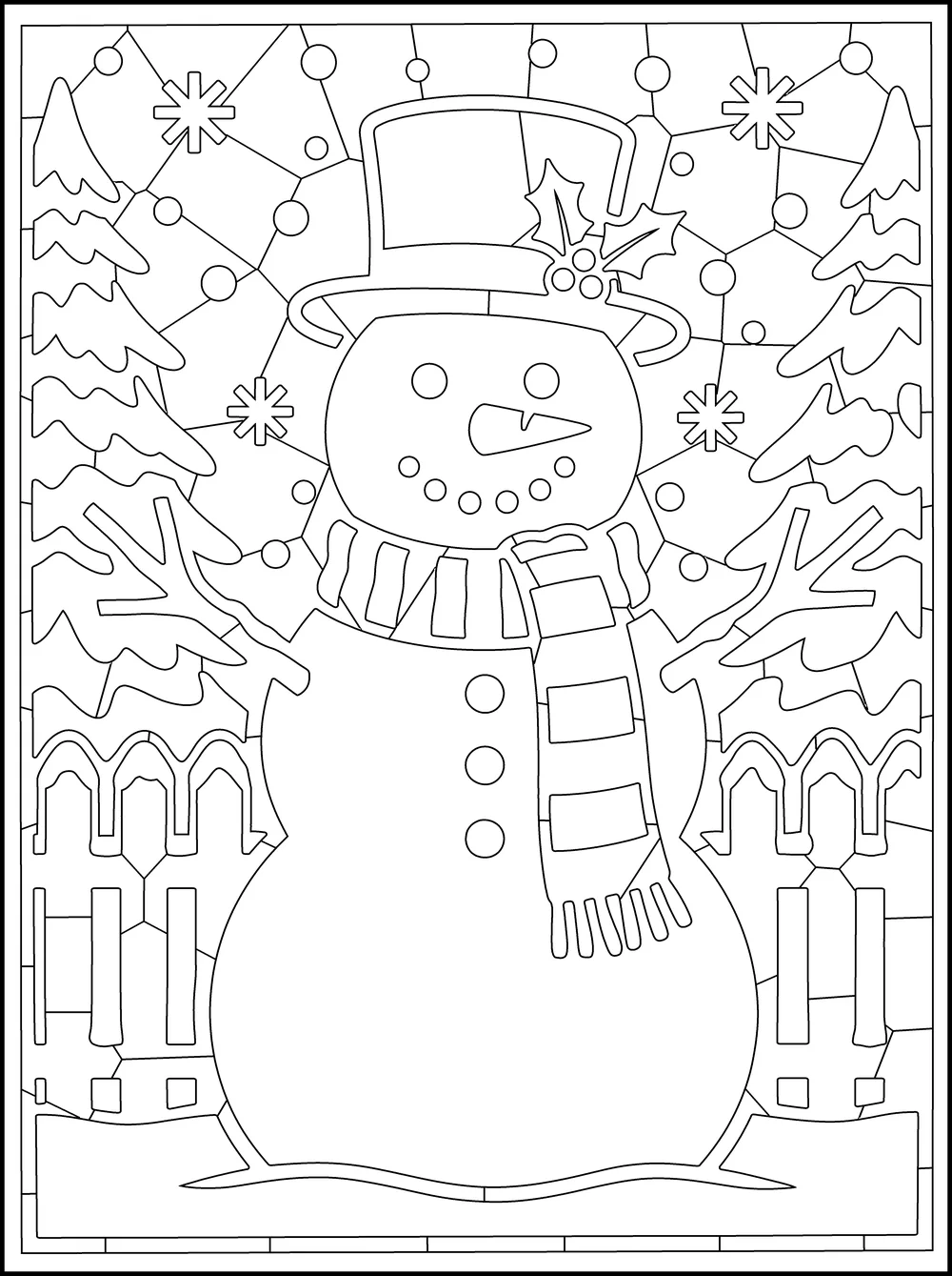 The page as printed: a snowman with a scarf, outlined, with fill dots