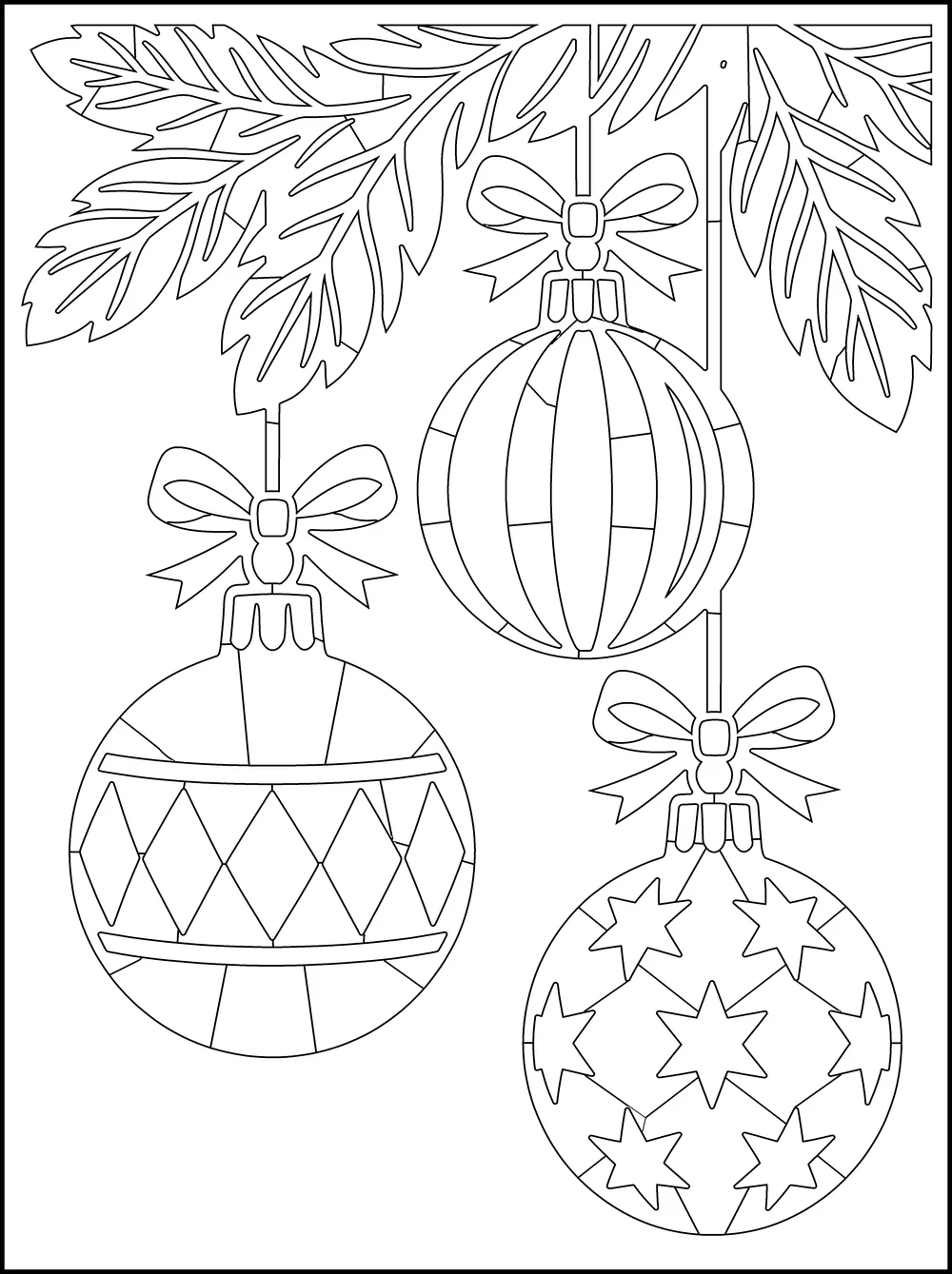 The page as printed: baubles on a fir branch, outlined, with fill dots