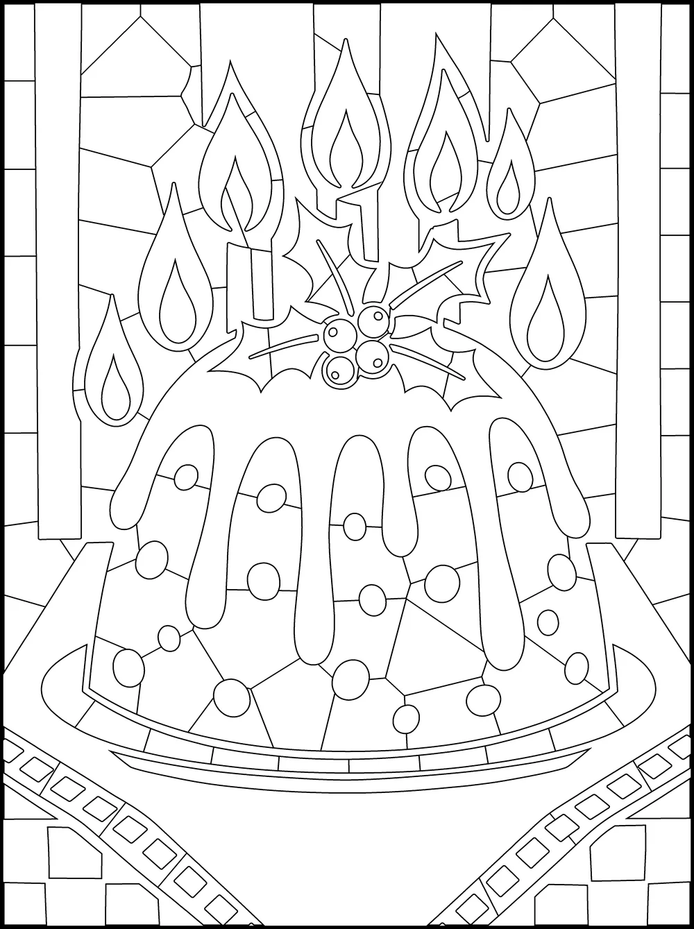 The page as printed: a flaming plum pudding, outlined, with fill dots
