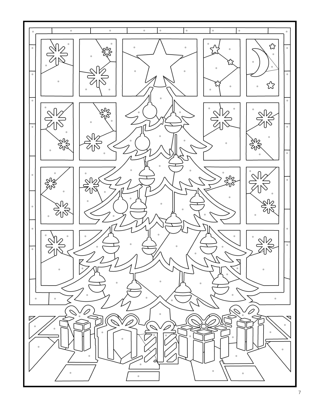 Coloring page: a decorated tree above wrapped gifts, from Monochrome Christmas