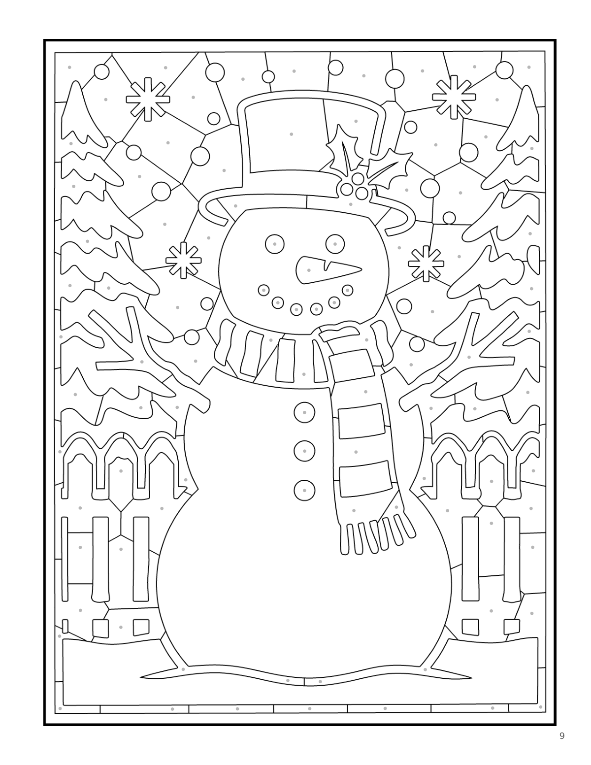 Coloring page: a snowman with a scarf