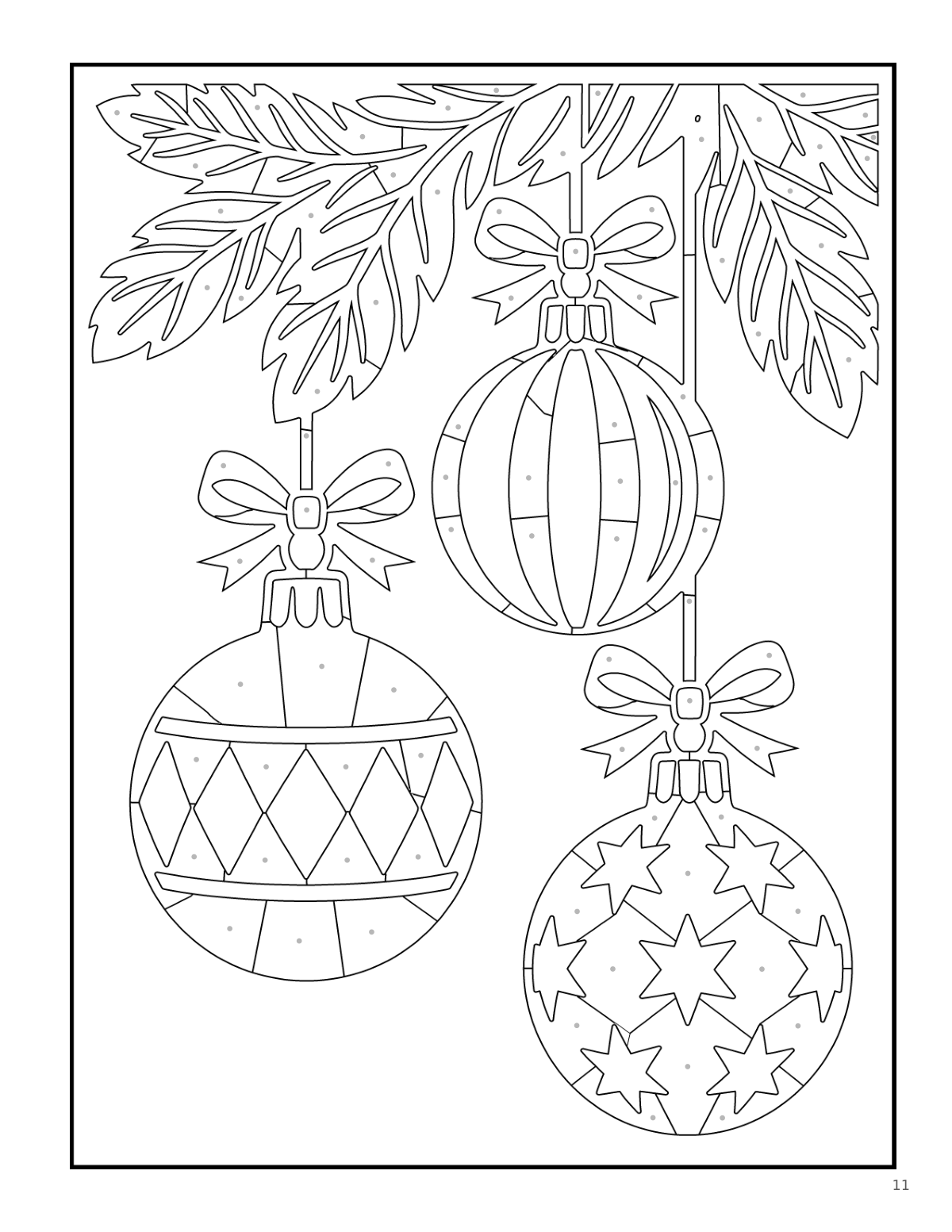 Coloring page: baubles on a fir branch
