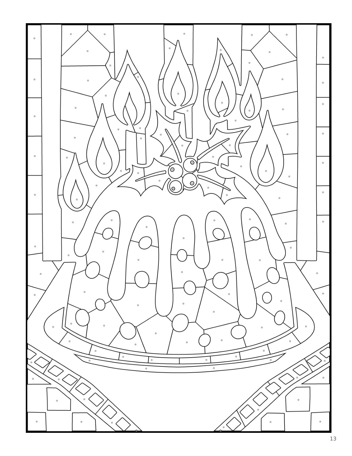 Coloring page: a flaming plum pudding