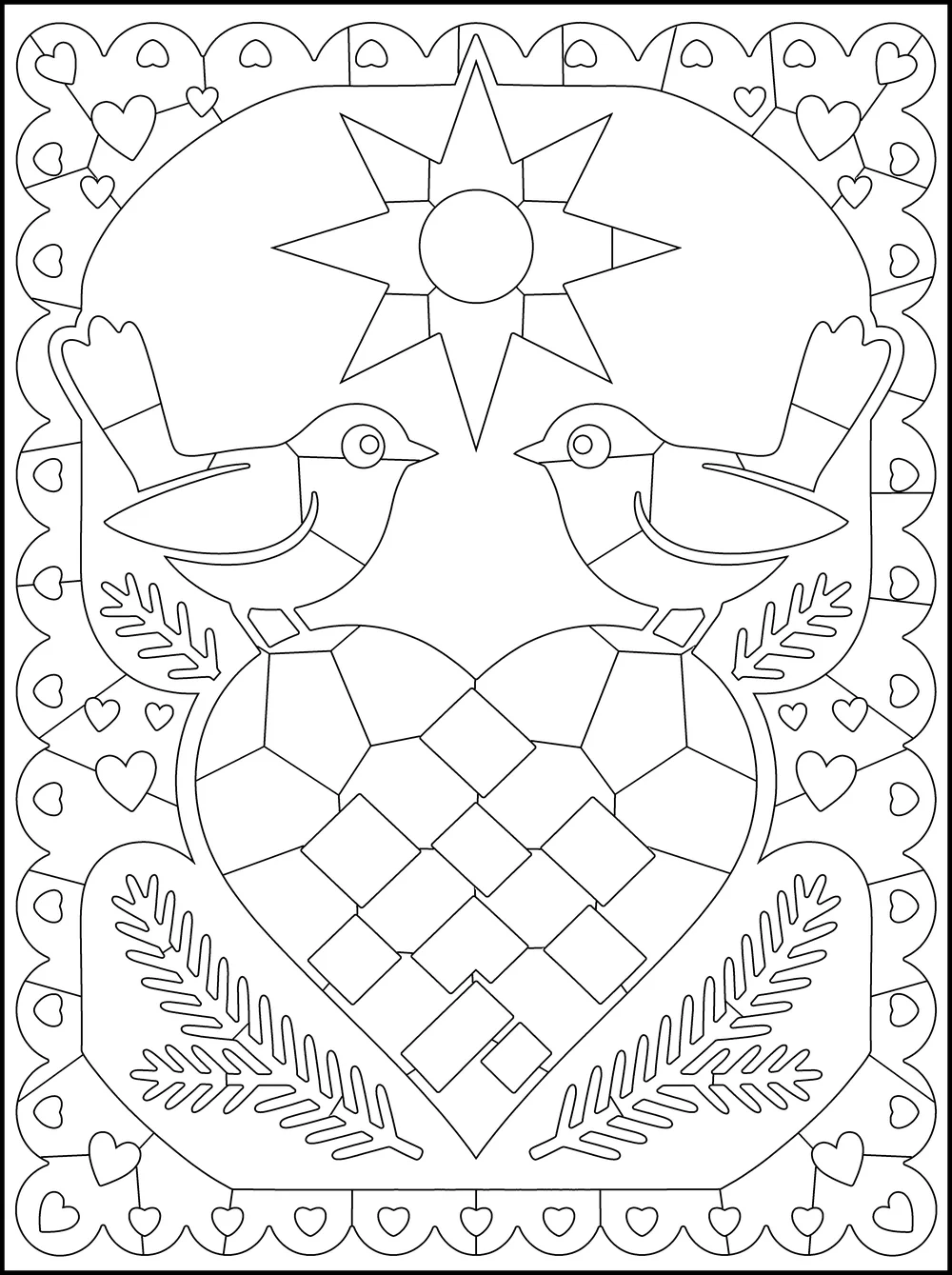 The page as printed: a papercut of two facing birds, outlined, with fill dots
