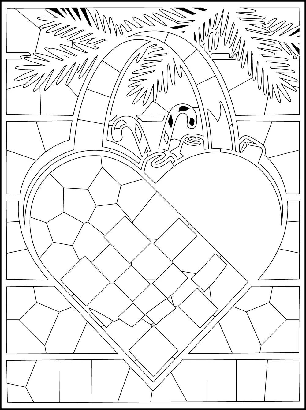 The page as printed: a woven heart with a handle, outlined, with fill dots