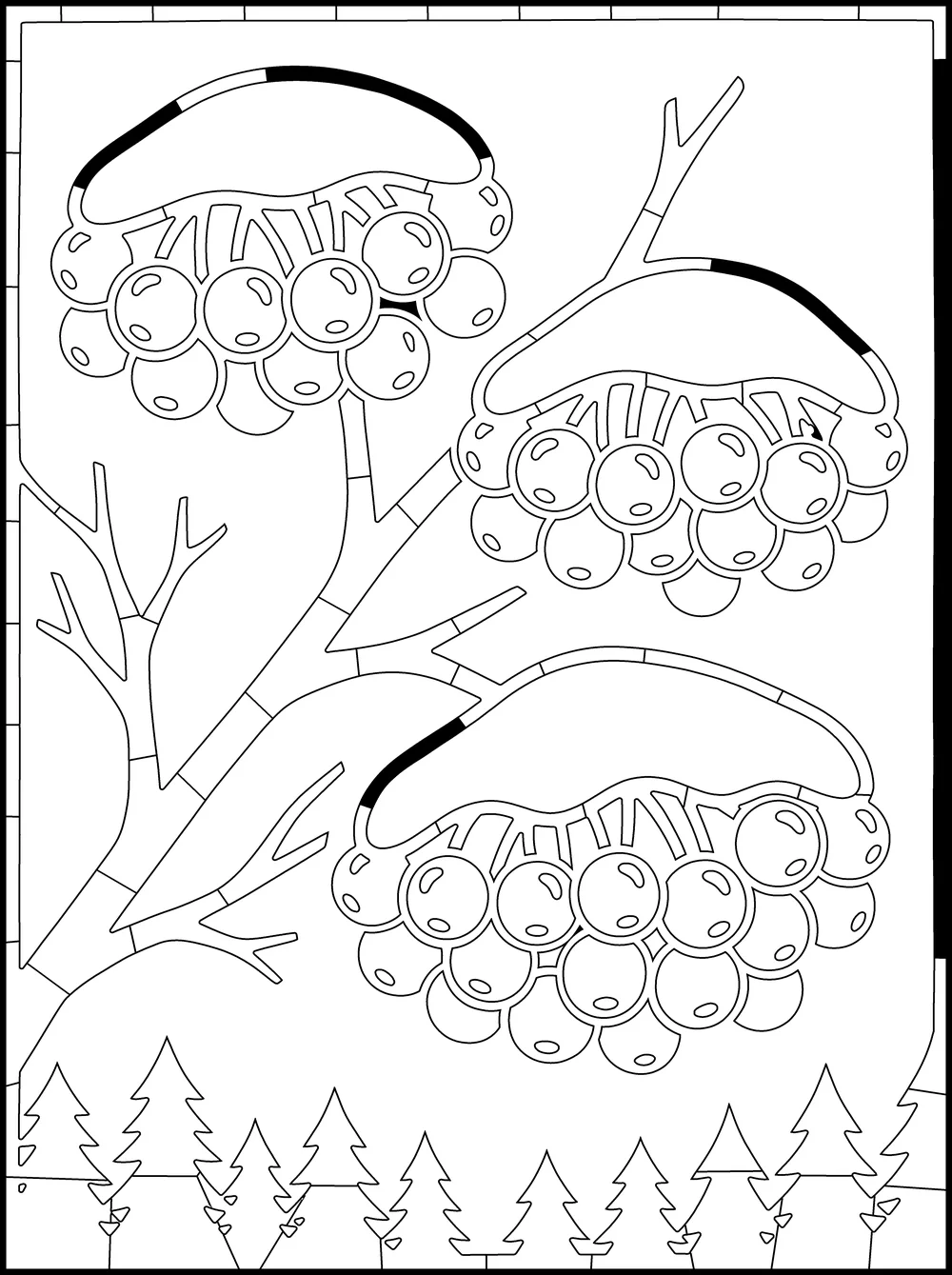 The page as printed: rowan clusters on bare twigs, outlined, with fill dots