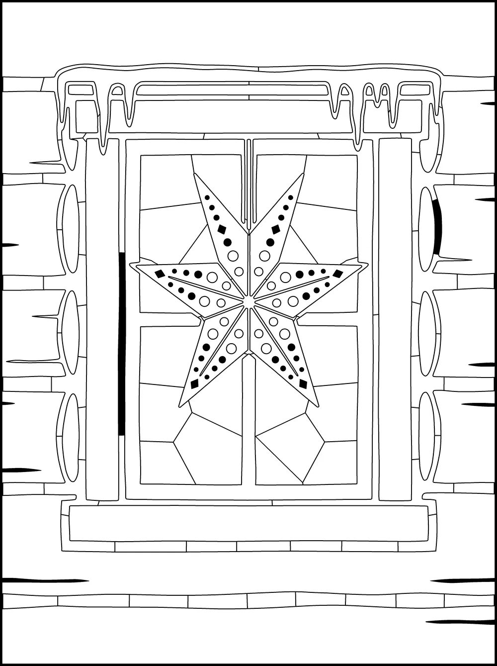 The page as printed: a paper star in a window, outlined, with fill dots