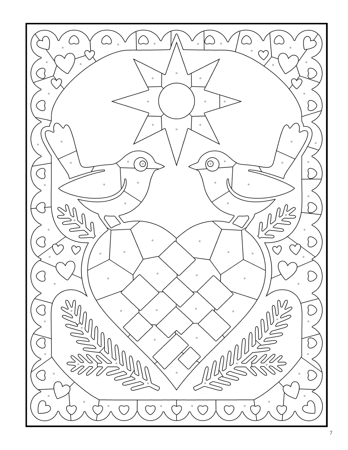Coloring page: a papercut of two facing birds, from Monochrome Nordic Christmas